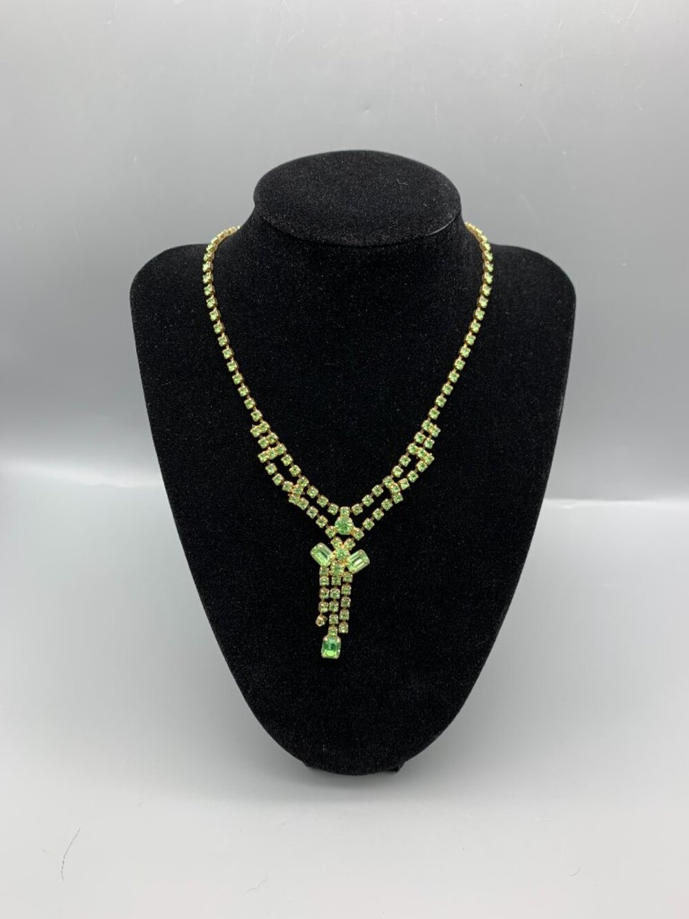 Beautiful Greeb Rhinestone Chandelier 15" Necklace with Gold-Tone Backing